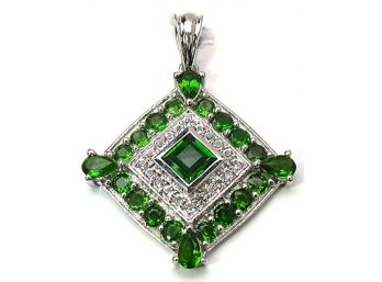 3.99 Carat Genuine Chrome Diopside And White Topaz .925 Sterling Silver Pendant, Includes 18' Chain