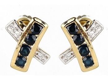 0.50 Carat Genuine Blue Sapphire And White Zircon .925 Sterling Silver Earrings