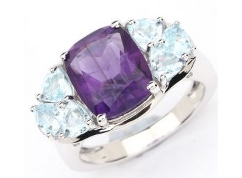 5.36 Carat Genuine Amethyst And Blue Topaz .925 Sterling Silver Ring