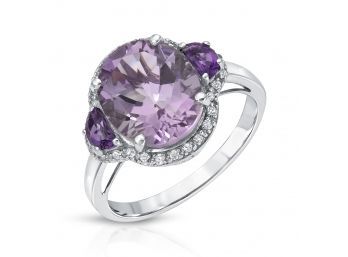 3.36 Carat Genuine Amethyst And White Diamond .925 Sterling Silver Ring