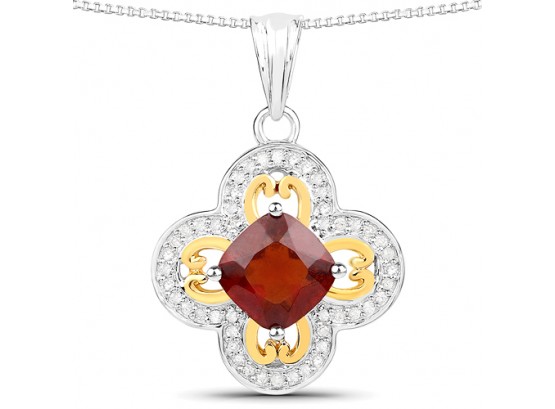 1.63 Carat Genuine Garnet And White Diamond 14K Yellow Gold With .925 Sterling Silver Pendant