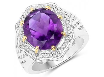 5.39 Carat Genuine Amethyst And White Diamond 14K Yellow Gold With .925 Sterling Silver Ring