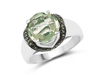 3.95 Carat Genuine Green Amethyst And Green Diamond .925 Sterling Silver Ring, Size 7.00