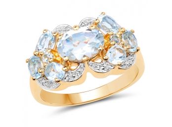 14K Yellow Gold Plated 2.83 Carat Genuine Blue Topaz And White Diamond .925 Sterling Silver Ring