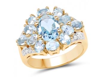 14K Yellow Gold Plated 4.28 Carat Genuine Blue Topaz .925 Sterling Silver Ring