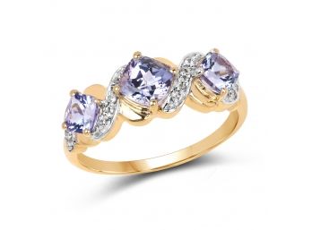 14K Yellow Gold Plated 1.20 Carat Genuine Tanzanite And White Topaz .925 Sterling Silver Ring