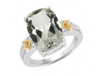 Two Tone Plated 5.06 Carat Genuine Green Amethyst & White Topaz .925 Sterling Silver Ring, Size 9.00