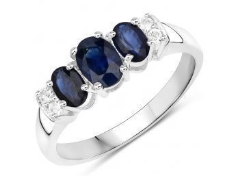 1.01 Carat Genuine Blue Sapphire And White Topaz .925 Sterling Silver Ring