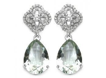 9.14 Carat Genuine Green Amethyst And White Topaz .925 Sterling Silver Earrings