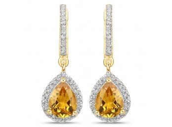 18K Yellow Gold Plated 2.09 Carat Genuine Citrine And White Topaz .925 Sterling Silver Earrings