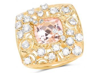14K Yellow Gold Plated 3.33 Carat Morganite And White Topaz .925 Sterling Silver Ring