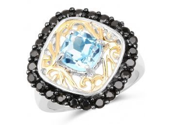Two Tone Plated 2.85 Carat Genuine Swiss Blue Topaz And Black Spinel .925 Sterling Silver Ring