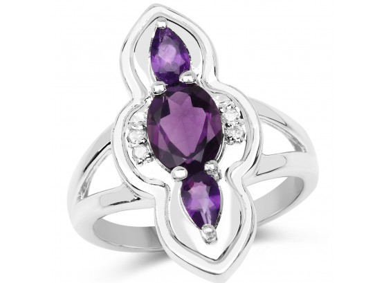 1.58 Carat Genuine Amethyst And White Diamond .925 Sterling Silver Ring