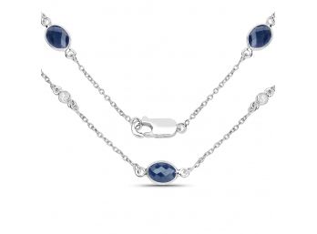 6.43 Carat Genuine Blue Sapphire And White Diamond .925 Sterling Silver Necklace
