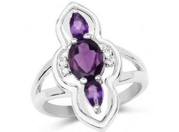 1.58 Carat Genuine Amethyst And White Diamond .925 Sterling Silver Ring