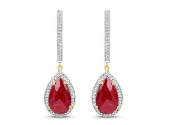 14K Yellow Gold Plated 10.96 Carat Ruby & White Topaz .925 Sterling Silver Earrings