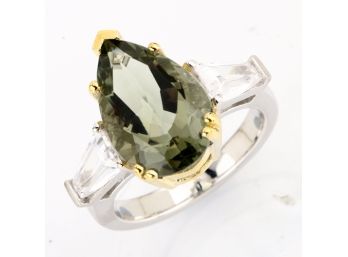 7.31 Carat Genuine Green Amethyst And White Cubic Zirconia .925 Sterling Silver Ring