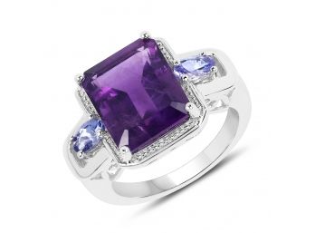 6.25 Carat Genuine Amethyst And Tanzanite .925 Sterling Silver Ring