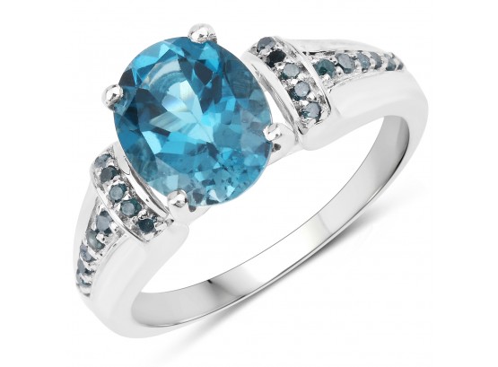 2.72 Carat Genuine London Blue Topaz And Blue Diamond .925 Sterling Silver Ring