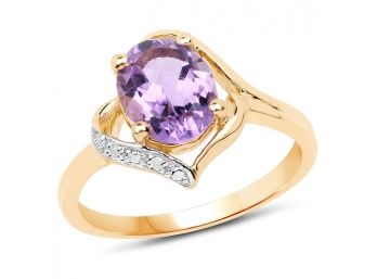 14K Yellow Gold Plated 1.61 Carat  Genuine Amethyst And White Diamond .925 Sterling Silver Ring