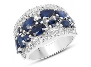 3.61 Carat Genuine Blue Sapphire And White Zircon .925 Sterling Silver Ring, Size 7.00