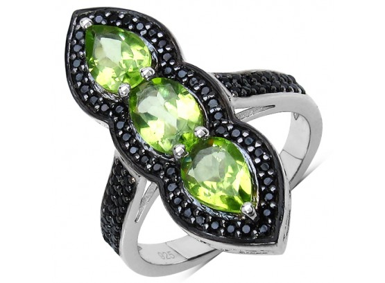 2.87 Carat Genuine Peridot And Black Spinel .925 Sterling Silver Ring