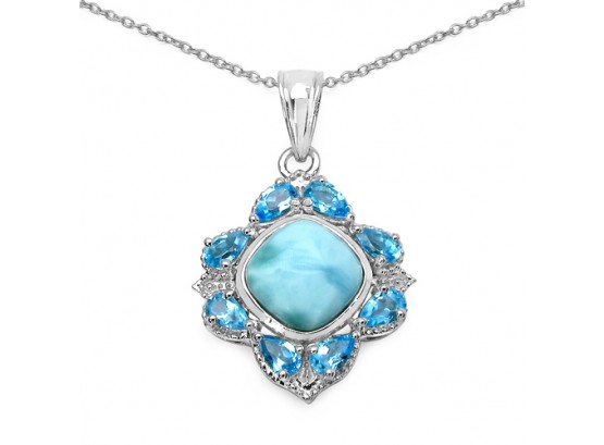 6.34 Carat Genuine Larimar And Swiss Blue Topaz .925 Sterling Silver Pendant, Includes 18' Chain