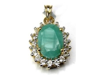 7.59 Carat Genuine Emerald And White Topaz .925 Sterling Silver Pendant, Includes 18' Chain