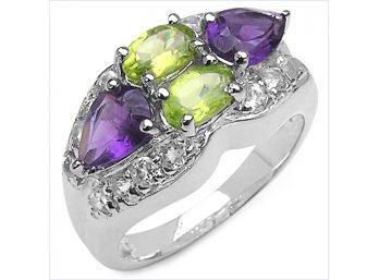 2.86 Carat Genuine Amethyst, Peridot And White Topaz .925 Sterling Silver Ring