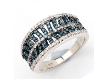0.75 Carat Genuine Blue Diamond And White Diamond .925 Sterling Silver Ring