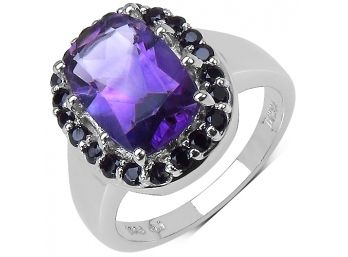 3.93 Carat Genuine Amethyst And Black Spinel .925 Sterling Silver Ring