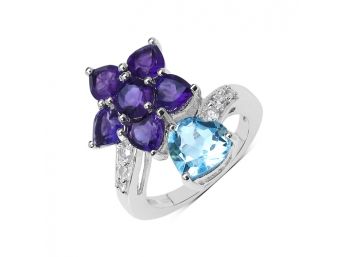 4.84 Carat Genuine Blue Topaz, Amethyst And White Topaz .925 Sterling Silver Ring