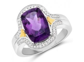 3.43 Carat Genuine Amethyst And White Diamond 14K Yellow Gold With .925 Sterling Silver Ring