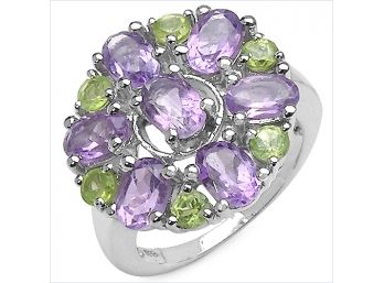 3.61 Carat Genuine Amethyst And Peridot .925 Sterling Silver Ring
