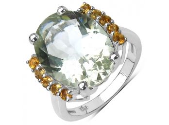 8.21 Carat Genuine Green Amethyst And Citrine .925 Sterling Silver Ring