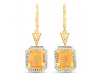 7.82 Carat Genuine Citrine, Mother Of Pearl And White Topaz .925 Sterling Silver Earrings