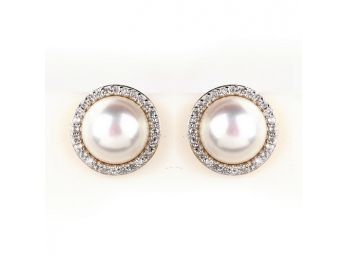 5.28 Carat Genuine Pearl And White Zircon .925 Sterling Silver Earrings