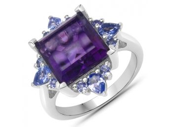 5.15 Carat Genuine Amethyst And Tanzanite .925 Sterling Silver Ring