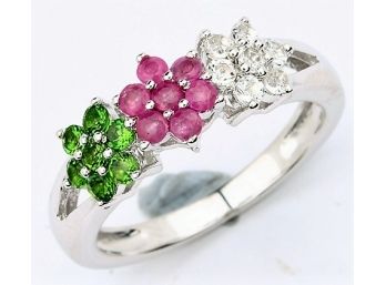0.91 Carat Genuine Chrome Diopside, Ruby And White Topaz .925 Sterling Silver Ring