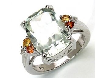 5.55 Carat Genuine Green Amethyst, Citrine And White Topaz .925 Sterling Silver Ring