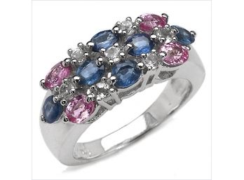 2.28 Carat Genuine Blue Sapphire, Pink Sapphire And White Topaz .925 Sterling Silver Ring