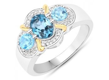 1.64 Carat Genuine London Blue Topaz, Swiss Blue Topaz, White Diamond 14kt Gold .925 Sterling Silver Ring