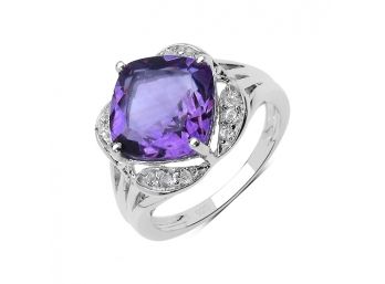 3.36 Carat Genuine Amethyst And White Topaz .925 Sterling Silver Ring