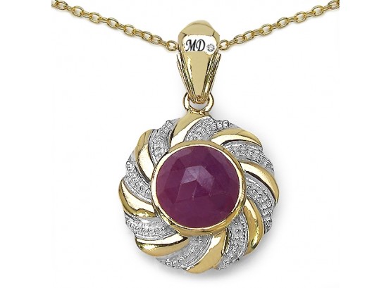 14K Yellow Gold Plated 5.32 Carat Genuine Pink Sapphire & White Diamond .925 Sterling Silver Pendant