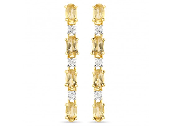 18K Yellow Gold Plated 1.84 Carat Genuine Citrine And White Topaz .925 Sterling Silver Earrings