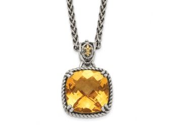 Sterling Silver With 14K Accent 18 Inch Antiqued Checkerboard Cushion Citrine Necklace
