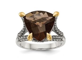 Sterling Silver With 14K Accent Antiqued Trillion Checkerboard Smoky Quartz Ring