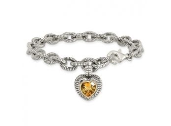 Sterling Silver With 14K Accent Antiqued Citrine Heart Bracelet