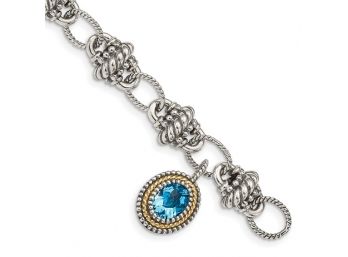 Sterling Silver With 14K Accent Antiqued Oval Light Swiss Blue Topaz Bracelet