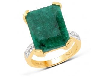14K Yellow Gold Plated 9.76 Carat Emerald & White Topaz .925 Sterling Silver Ring